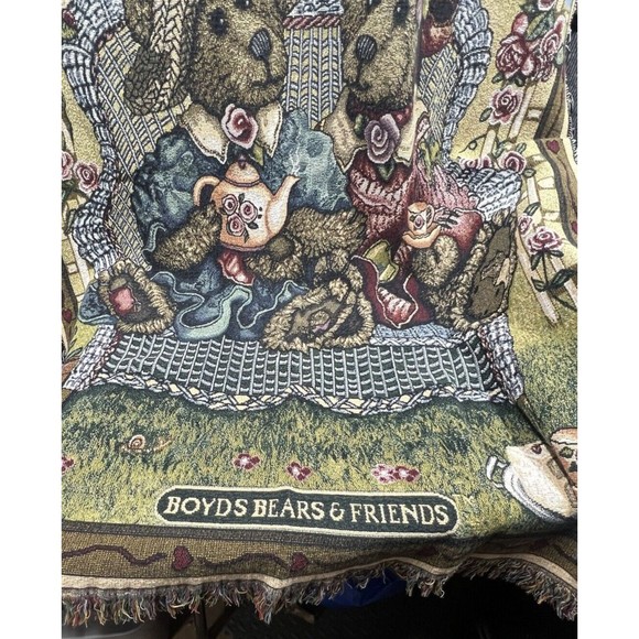 Boyds Bears Friends Blanket Tea Time Tapestry Throw Afghan Floral Fringe 66x48 - Picture 3 of 9